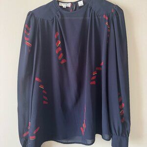 Christian Dior Vintage 90's Sheer Blouse Navy Blue Red Print Womens 10